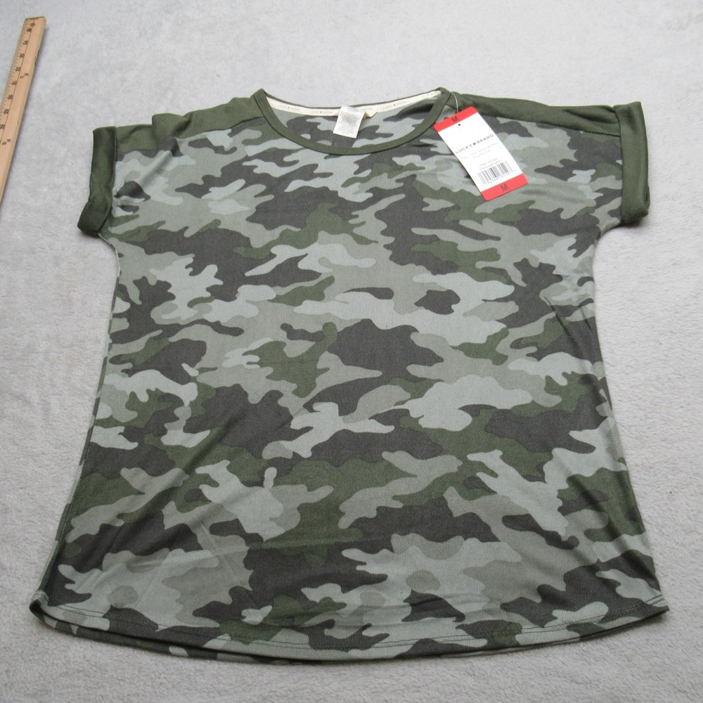 Lucky Brand Shirt Womens Medium Green Camo Crewneck Short Sleeve Pajama Top‎ NEW